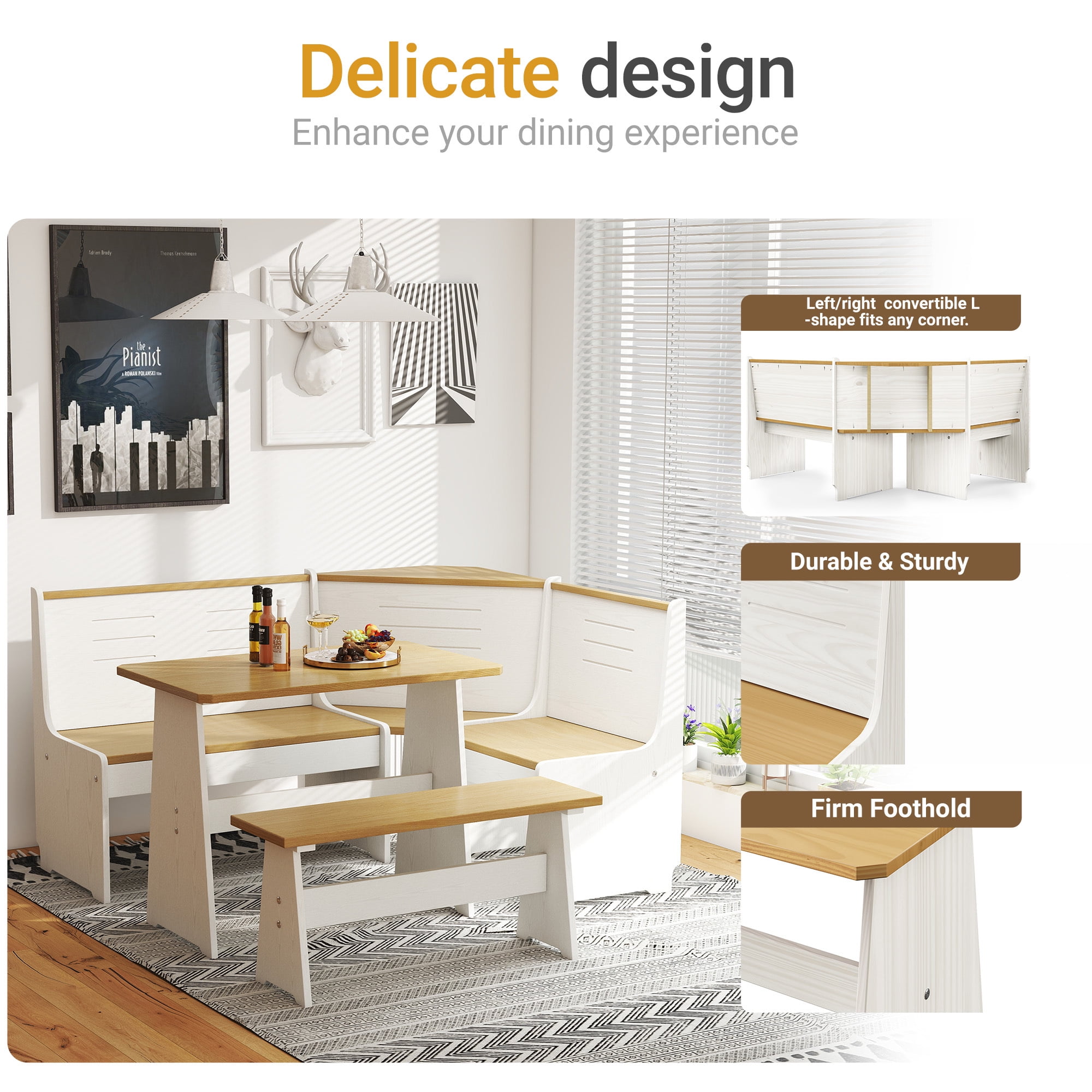 Koby Home Breakfast Nook Table Set, Corner Dining Table with L-Shape Bench Chairs, Farmhouse Kitchen Dining Nook White Wood