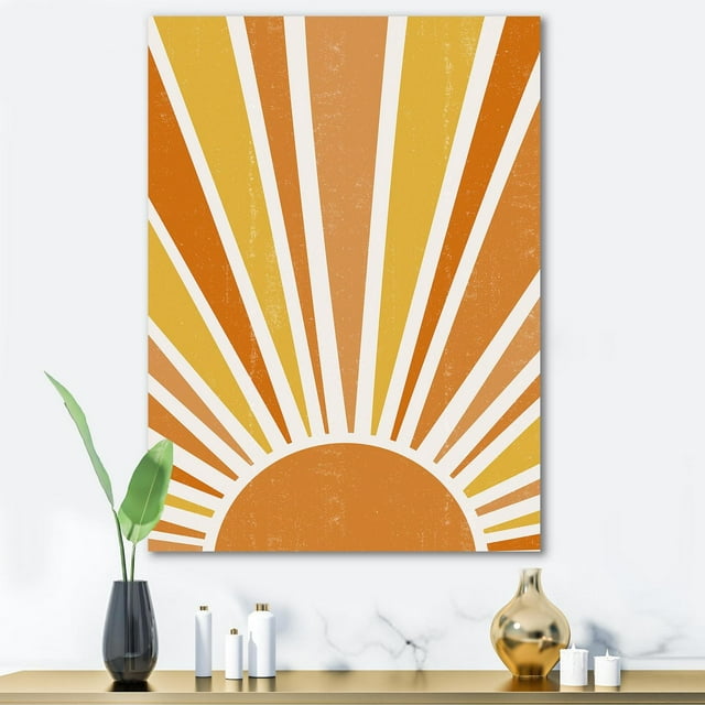 Designart Minimalist Bright Shining Orange Sun Rays II Canvas Wall Art depicting a half sun with radiating orange and yellow rays on gallery-wrapped premium cotton canvas, ready to hang and suitable for modern home wall décor.