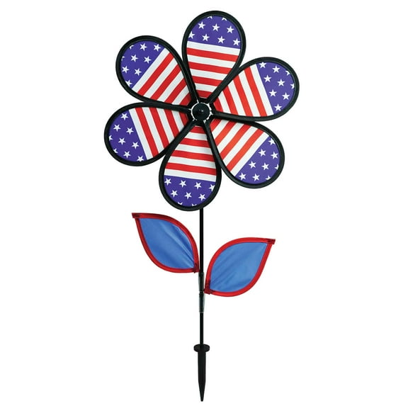 In the Breeze 2788 — Patriotic Flower Spinner with Leaves, 12-Inch — Colorful Stars and Stripes Wind Spinner for Yards and Gardens
