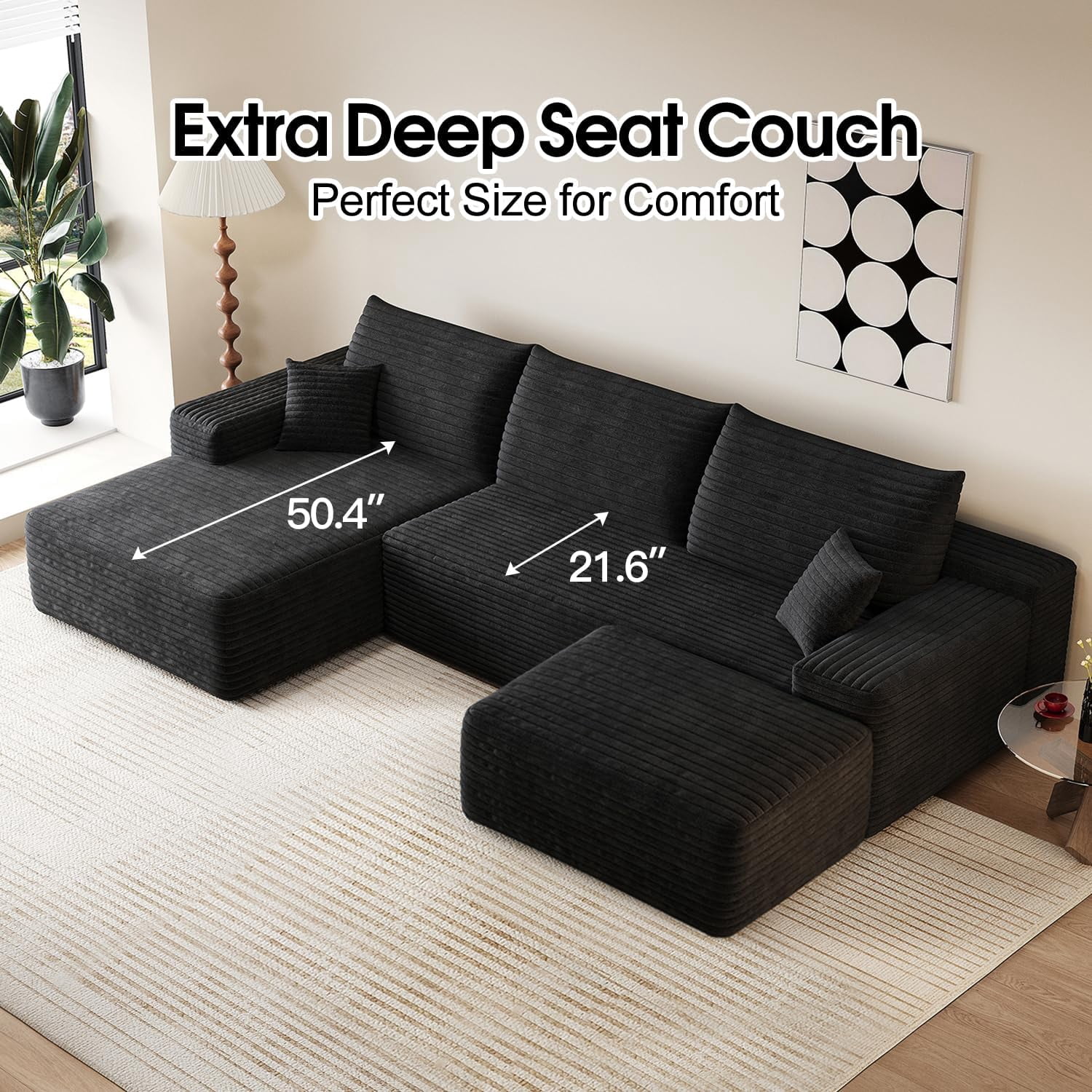 Sailvan 107" Cloud Sectional Couch, Cloudy Sofa with L-Shape Chaise & Ottoman, Upholstered Couches for Living Room & Bedroom, No Assembly Required, Plush Corduroy Fabric, Black