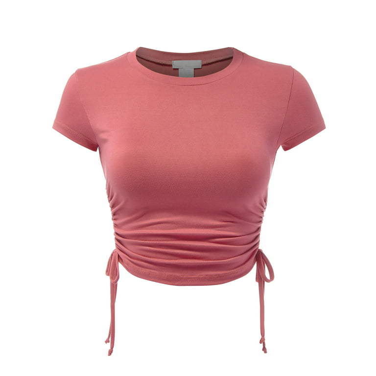 FashionMille Women's Side Shierred String Trim Short Sleeve Soft Crop Top - Made in USA - Walmart.com