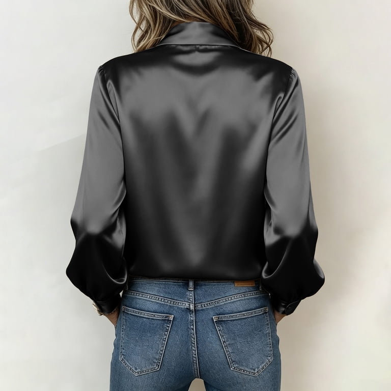 TKLPEHG Women Bow Tie Neck Satin Blouse, Long Sleeve Lantern Cuff