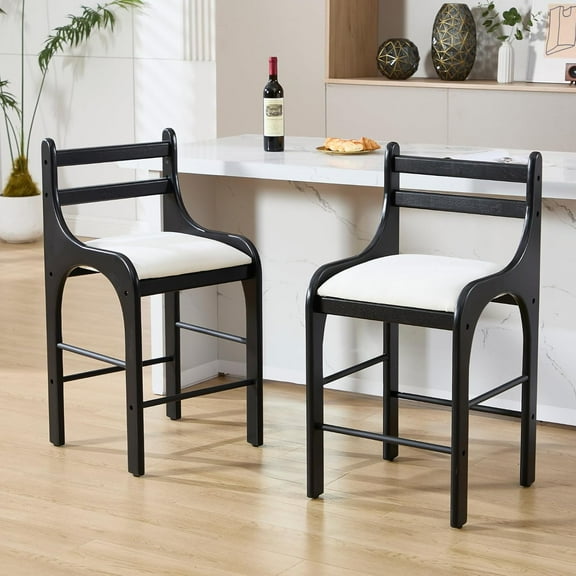 26" Wood Counter Stools Set of 2, Modern White Linen Upholstered Counter Height Bar Stools with Back, Armless Kitchen Island Chairs with Footrest for Dining Room Home Bar, Black