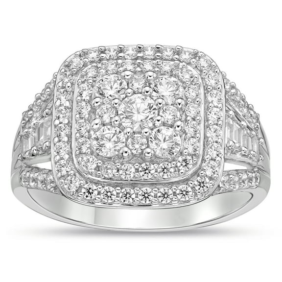 Sterling Silver Cluster Round Simulated Diamond Cocktail Ring