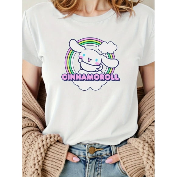 Women's Cinnamoroll Graphic Summer T-Shirt - Casual Short Sleeve Round Neck Tee with Cloud & Rainbow Design Lightweight Breathable Fabric Machine Washable Clothing Whimsical Shirt Durable Casualwear