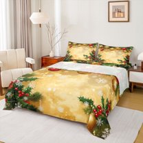 Manfei Xmas Poinsettia Flower Full Size Sheets, Plant Botanical Bed Sheets, Vintage Gold Christmas Theme Sheet Sets, Luxury Bedroom Decor, 4-Piece