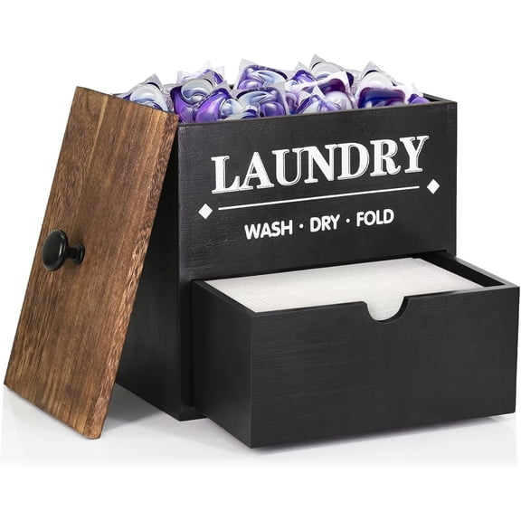 Dryer Sheet Holder with Drawer and Lid, Wood Dryer Sheet Dispenser and Laundry Pods Container for Laundry Room Organization and Storage, Laundry Pod Holder Wall Mount for Laundry Room Decor