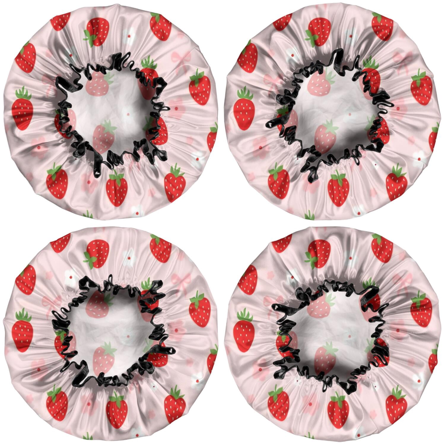 Shower Caps,Strawberry Plants Fruit Flower Bow Waterproof Shower Cap for Women 4 Pieces,Double Reusable Hair Cover for Shower PEVA Elastic Stretch Hem