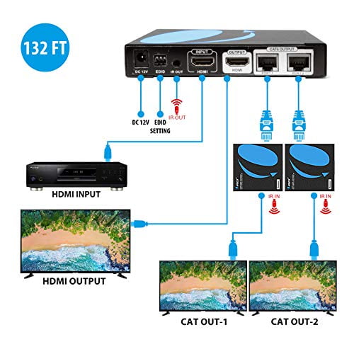 OREI 1X2 HDMI Extender Splitter Over Single CAT6/7 Cable Uncompressed 1080P With IR Remote EDID - Up to 132 Ft - Loop Out (HD12-EX132-K)