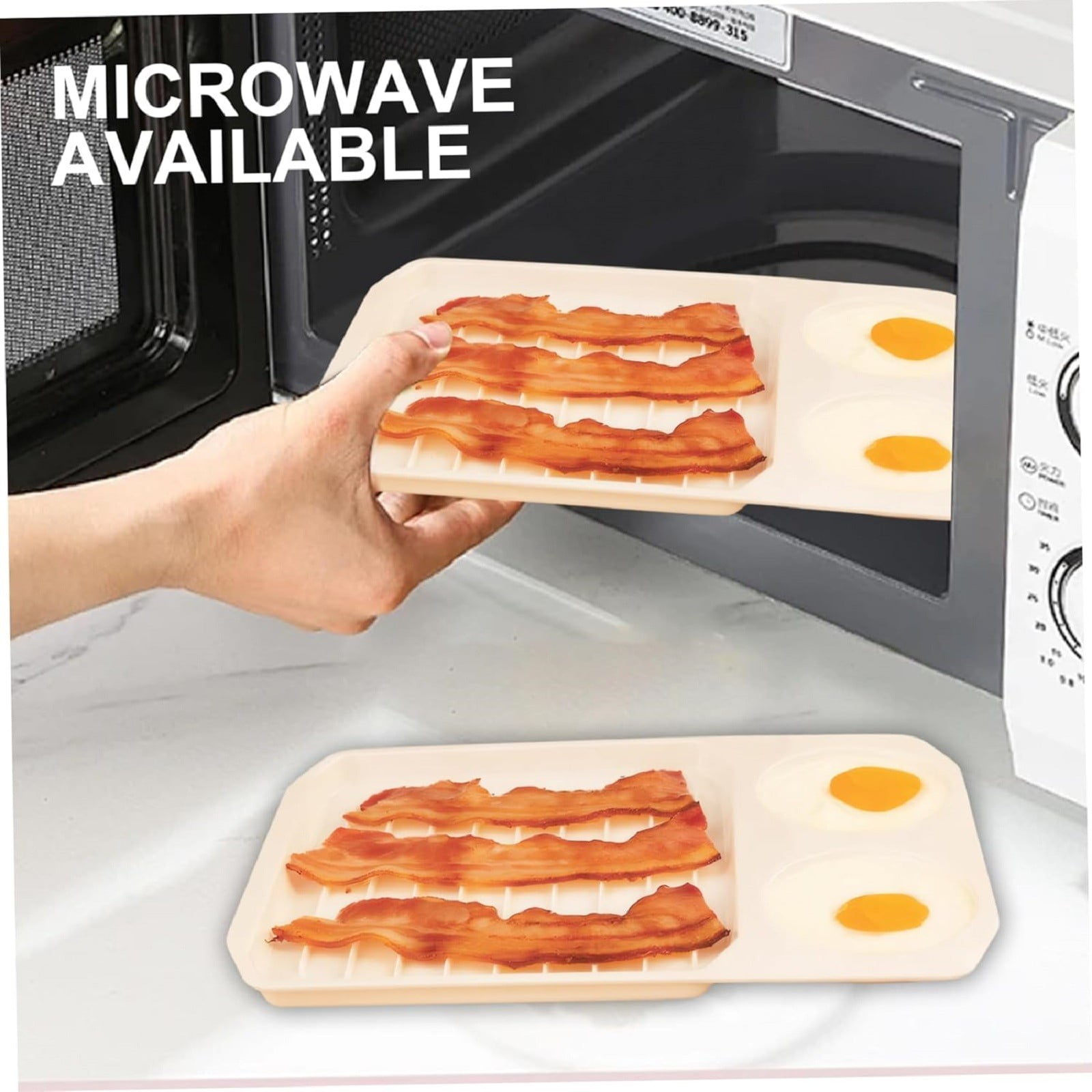 Tswift 2 In 1 Microwave Oven, Microwave Bacon Cooker 11X8In Grooved White Microwave Bacon Tray With 2 Egg Poachers Non-Sticky Safe And Quick Classic Bacon Pan Gift, Bacon Cooker