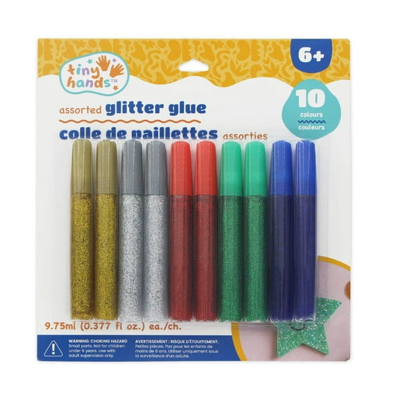 TINY HANDS Assorted Glitter Glue, 10 Colours, 9.75ml (0.37 fl oz) each, Age 6+, Kids Craft