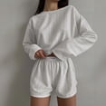 thumbnail image 4 of ROHUUQUE Pajama Sets for Women 2 Piece Solid Long Sleeve Tops Hollow Out Elastic Waist Shorts Pjs Outfits, 4 of 9