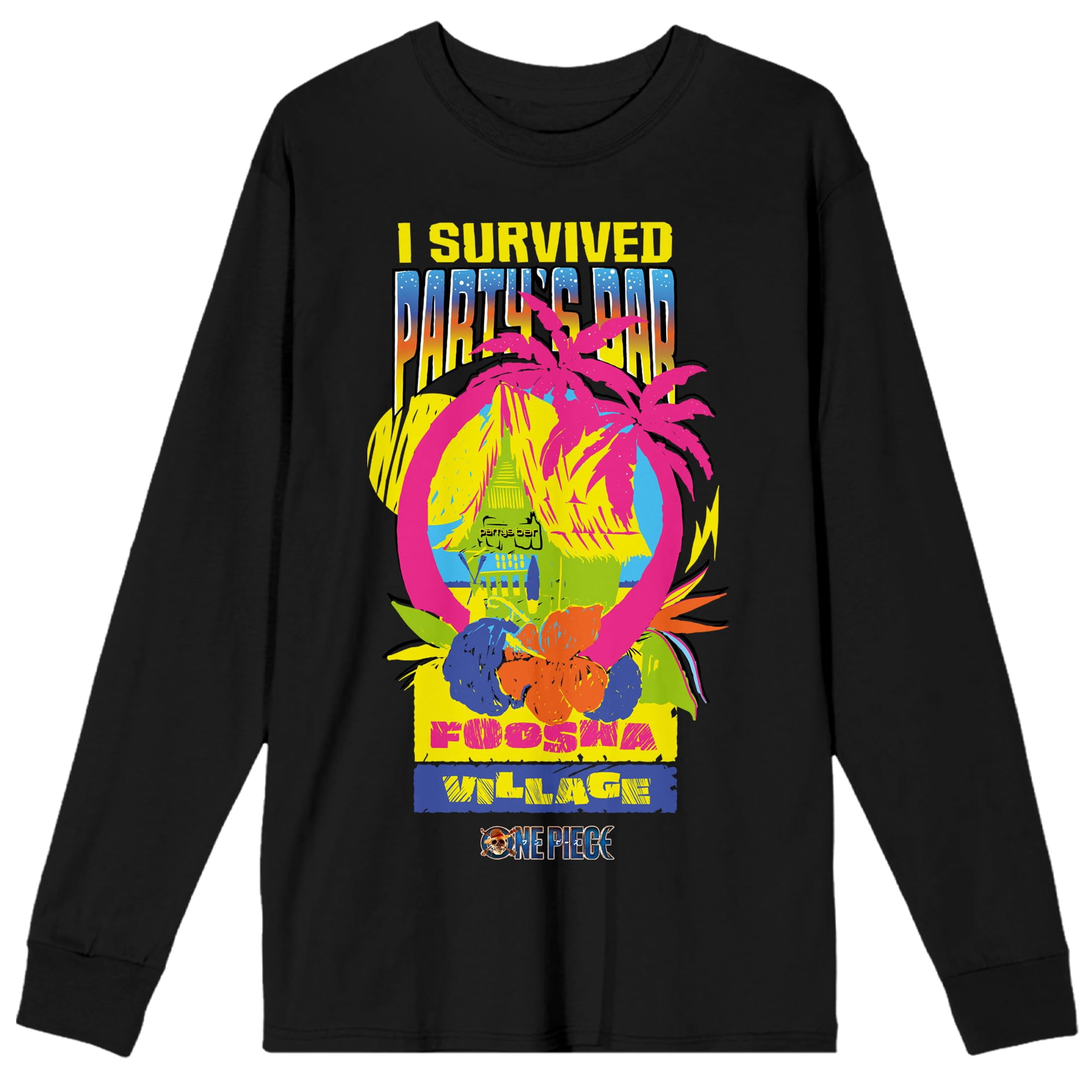 One Piece (Live Action) I Survived Party's Bar Foosha Village Adult Black Long Sleeve Tee-Large