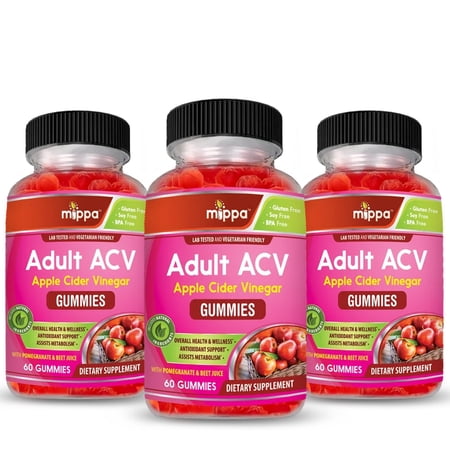 Mippa Supplements Adult ACV Gummies - Apple Cider Vinegar Gummy for Weight Loss, Metabolism, Antioxidant, Overall Health & Wellness - 60 Gummies (3-Pack)