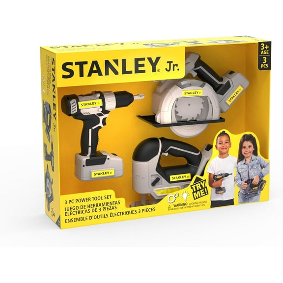 Stanley Jr. 3 Pack Kids Toy Power Tool Set with Drill, Circular Saw and Jigsaw Fun Pretend Play Tools for Young Builders Ages 3  Batteries Included
