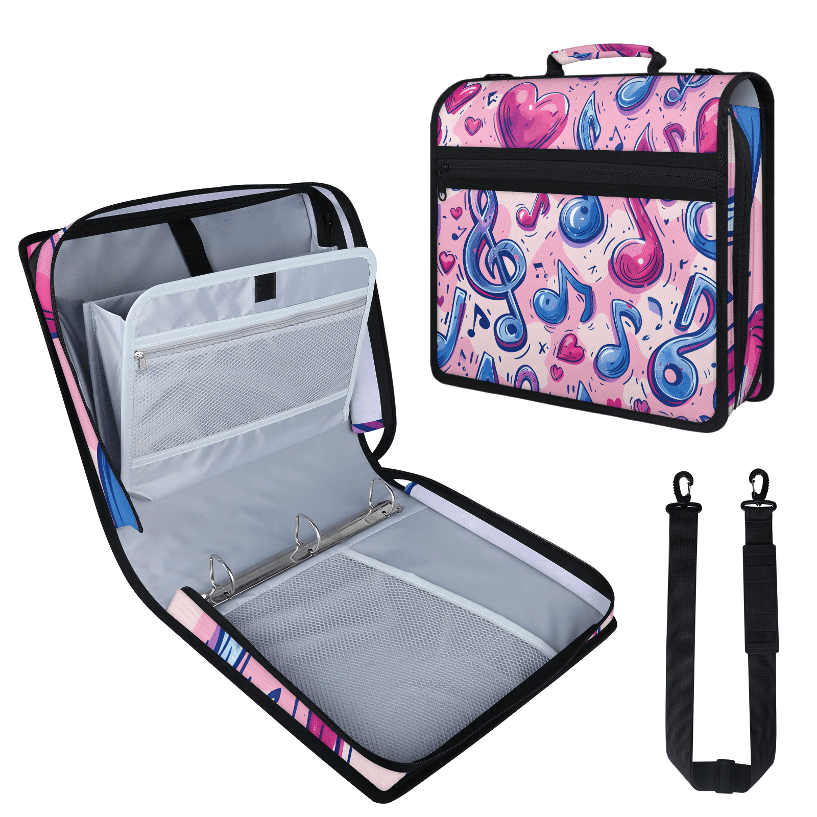 Herdesigns Musical Notes Zipper Binder 1.5 Inch 3 D-Rings with Shoulder Strap & Handle, Waterproof Binder Organizer Bag for 13 Inch Laptop
