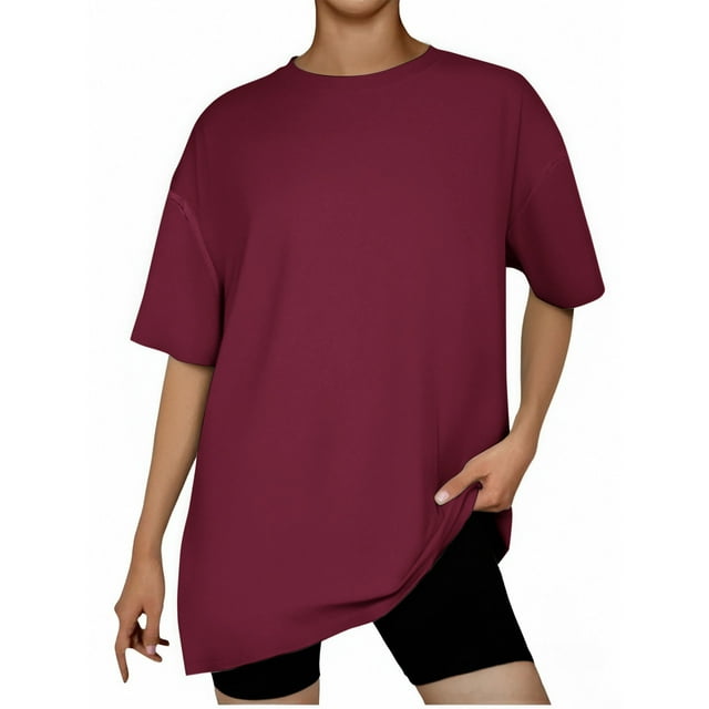 Hauts à Manches 3/4 pour Femmes Grande Taille T-Shirts à Manches 3/4 pour Dames, Mode, Couleur Unie, Col Rond, Coupe Ample et Confortable, Haut à Manches Courtes pour Femmes, Vin, P