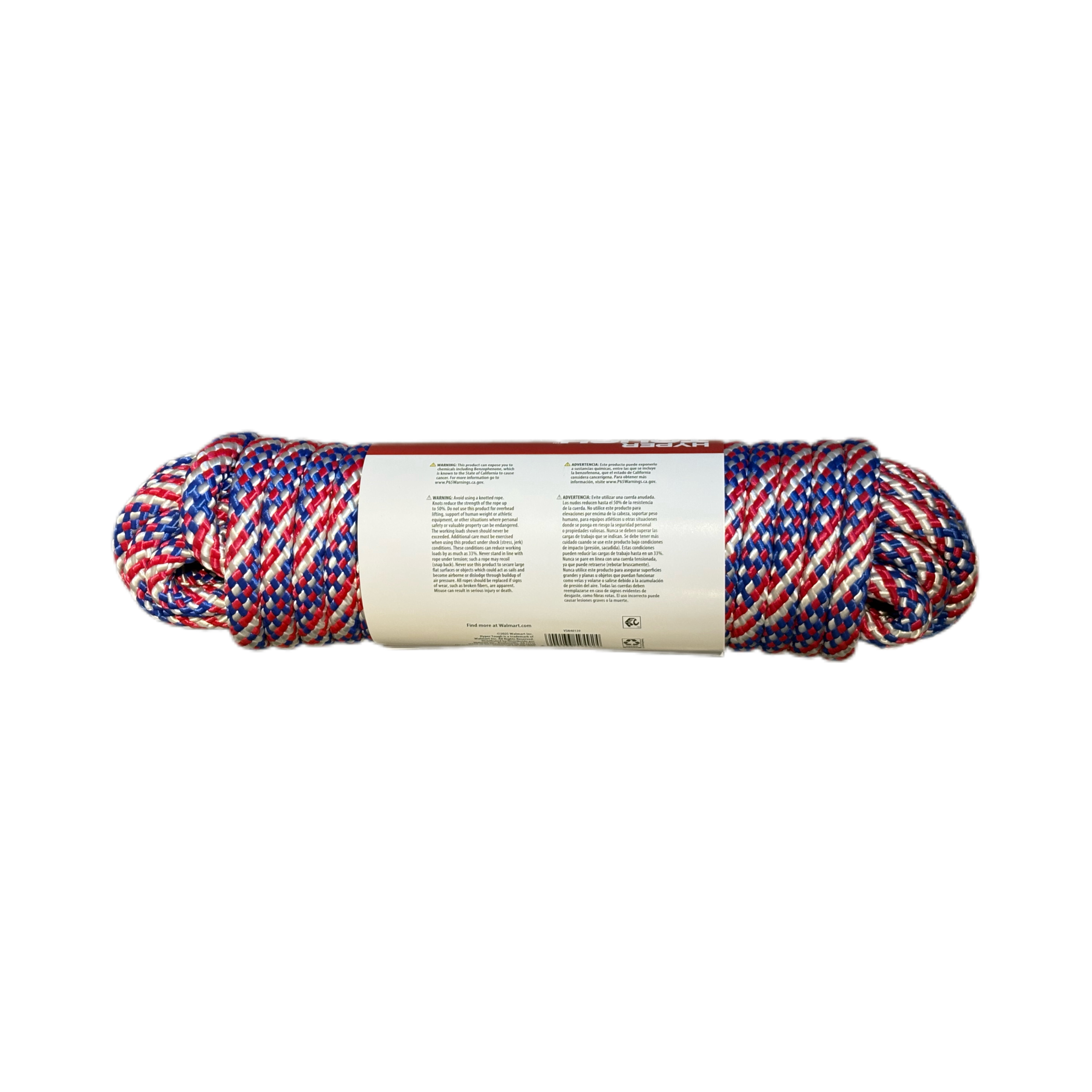 Hyper Tough 5/8 inch x 50 feet Polypropylene Diamond-Braid Rope, Patriot Red/White/Blue
