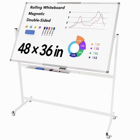Tooloton Large Rolling Whiteboard on Wheels, 48 x 36 Inches with Stand, 4' x 3' Magnetic Dry Erase Board Easel