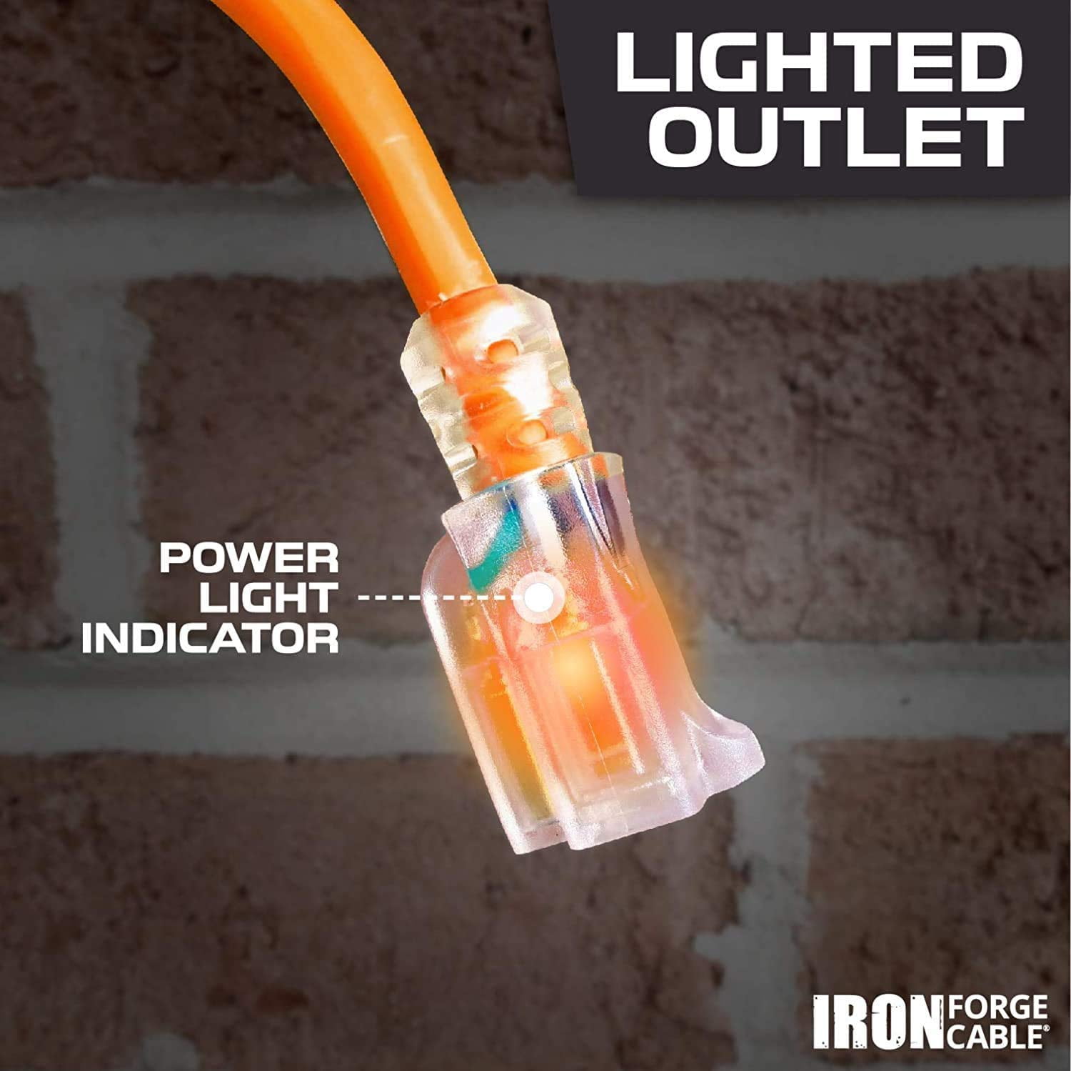 Iron Forge Cable Lighted Outdoor Extension Cord 50 Ft - 10 Gauge Heavy Duty Extension Cord, 15 AMP, 10/3 Orange Power Cable SJTW Weatherproof 3 Prong