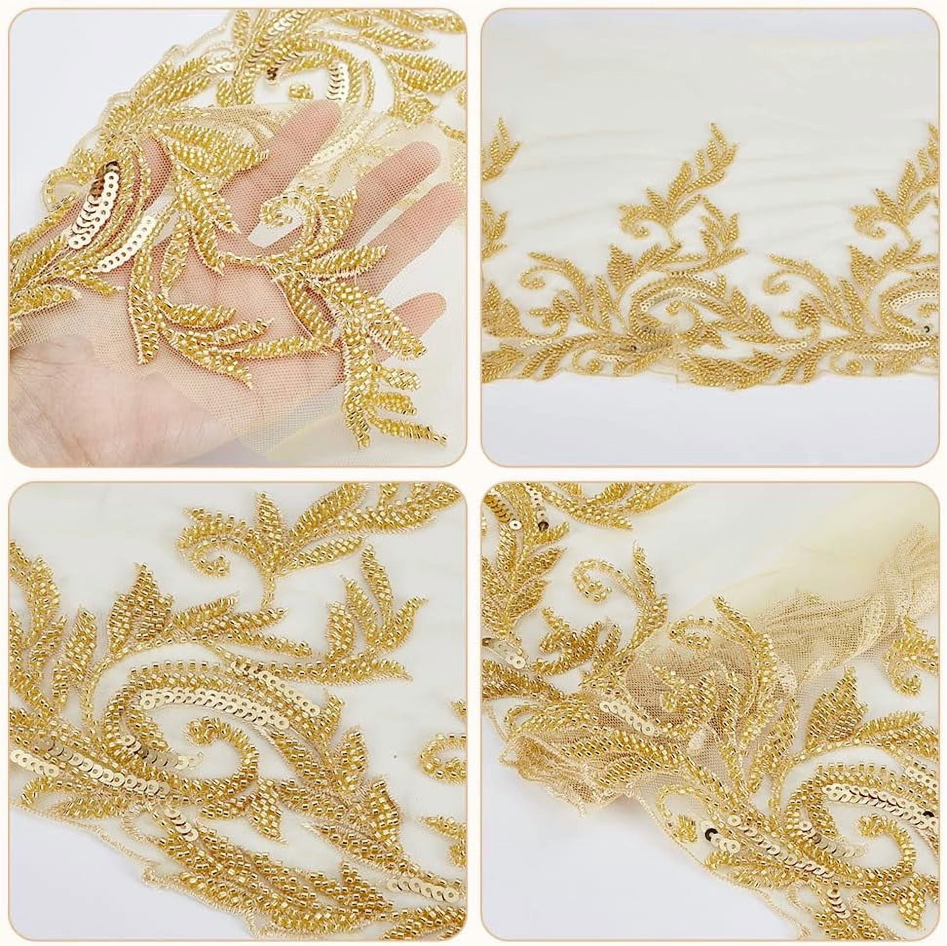 2 Yards Rosy Brown Hanmade 3D Lace Applique Lace 12.7 Inch Embroidered Tulle Trim Sew on Sequin Bead Floral Mesh Fabric Sparkle Trimming for DIY Craft Wedding Dress Curtains Home Decor Brown
