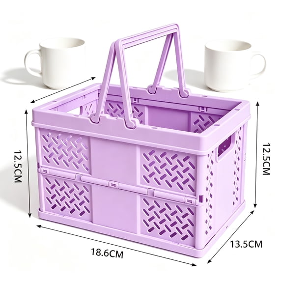 Plastic Basket Storage Crates, Plastic Baskets for Organizing, Collapsible Shopping Basket, Foldable Crate with Handles, Collapsible Crate for Car, Kitchen, Bathroom-18.6×13.5×12.5cm