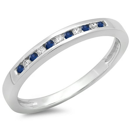 - 10K Gold Round Blue Sapphire & White Diamond Ladies Anniversary Wedding Band Stackable Ring