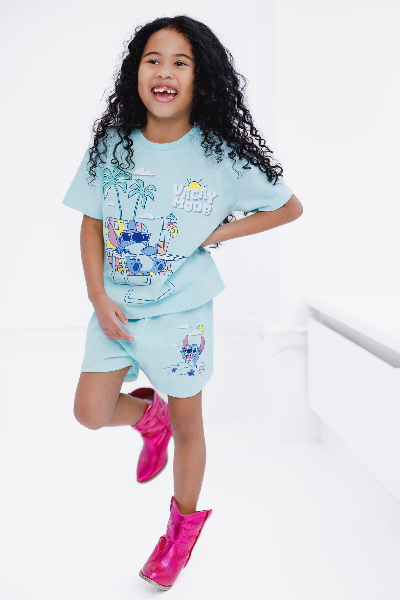 Disney Lilo & Stitch Big Girls' Short Sleeve Graphic T-Shirt and French Terry Shorts Set Light Blue Optic Wash Stitch