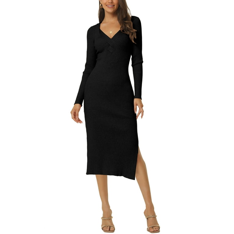 Black Midi Sweater Long Sweater Dress With Side Slits Unique