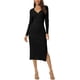 thumbnail image 2 of Vestido de suéter midi de punto ajustado con cuello en V y frente retorcido de manga larga para mujer, con abertura lateral, color negro, 2 of 7