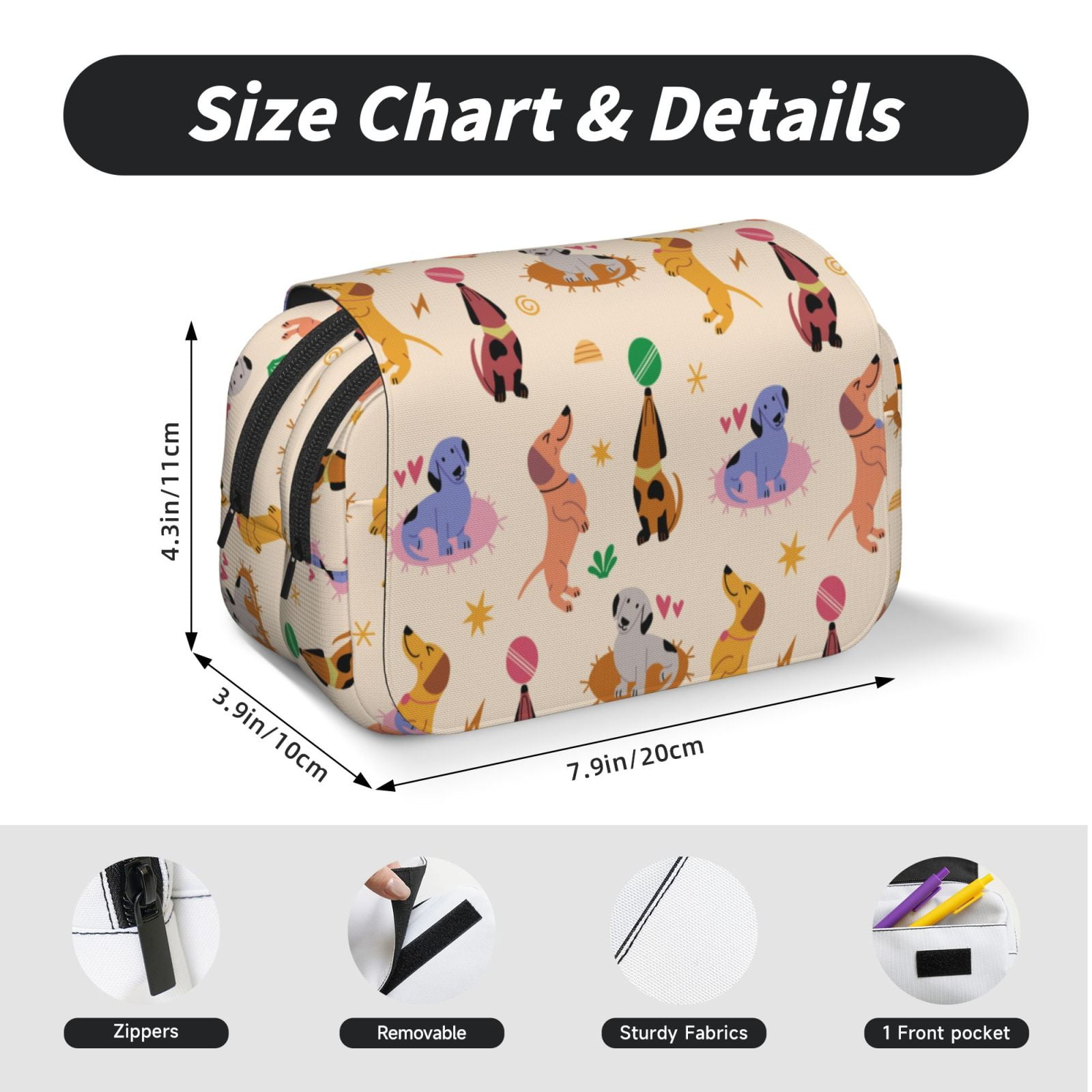 Rateoe Dogs In Different Poses Pattern Double Clamshell Pen Case, Storage Organizer with Two Zipper Compartments– Holds Up to 50 Pencils & Pens