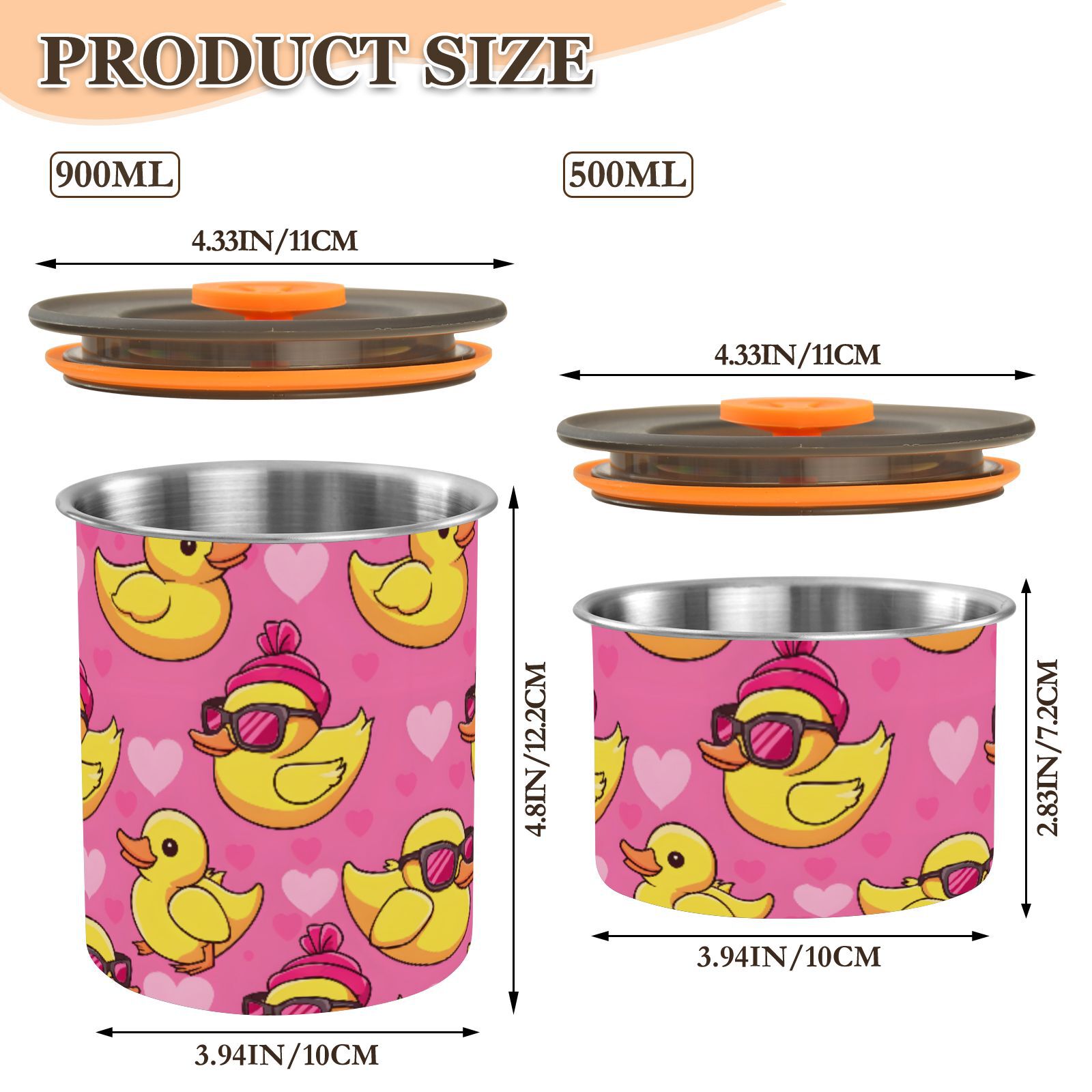 Yellow Duck Hearts Airtight Coffee Bean Canister 30oz Food Storage Containers with Lids For Gournd, Tea, Sugar, Flour, Rice, Cereal, Candy Cookie Jar
