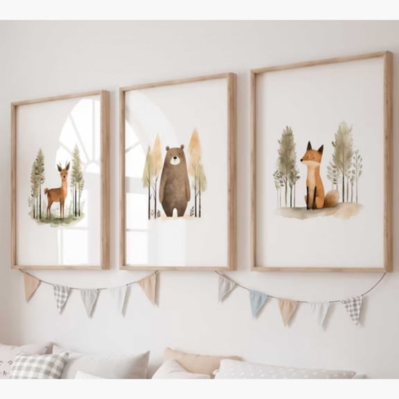3pcs/Set Forest Kindergarten Decorative Prints Featuring Cute Deer, Bears, And Foxes; Wall Art Prints Or Canvas for Nursery Art, Room Wall Decor, Modern Home Decoration, Creative Modern Art Gift, Un