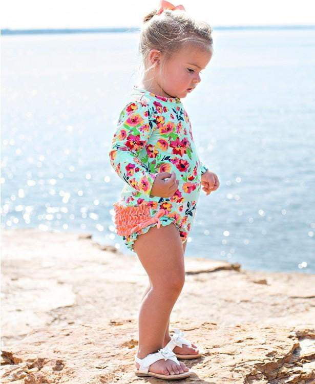 RuffleButts® Baby/Toddler Girls Long Sleeve One Piece Swimsuit with UPF 50 Sun Protection 