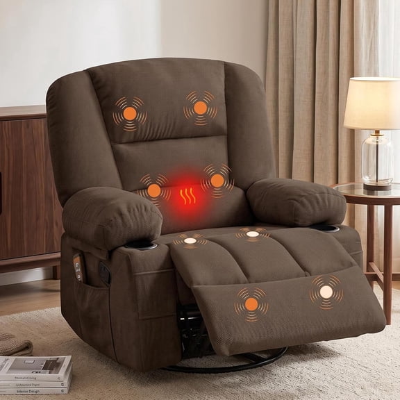 Oversized Recliner Chair, Extra Wide 360° Swivel Rocker Recliner with Massage & Heat, Nursery Glider Chair for Adults, Arm Storage, Side Pockets, 2 Cup Holders, Living Room & Bedroom,Coffee