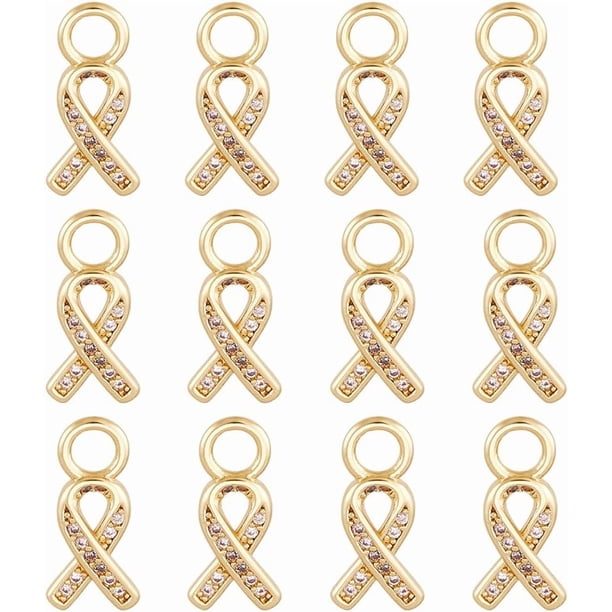 12 dijes de latón chapados en oro de 18 quilates con forma de dados y lazo de concientización. Ideales para crear aretes, pulseras y collares.