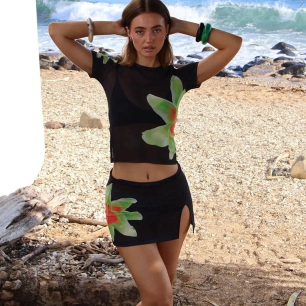 Conjunto de camiseta de manga corta transparente de malla para bebé, top corto con falda mini con efecto de seda y estampado de flores, atuendo de vacaciones de verano para mujer y adolescente