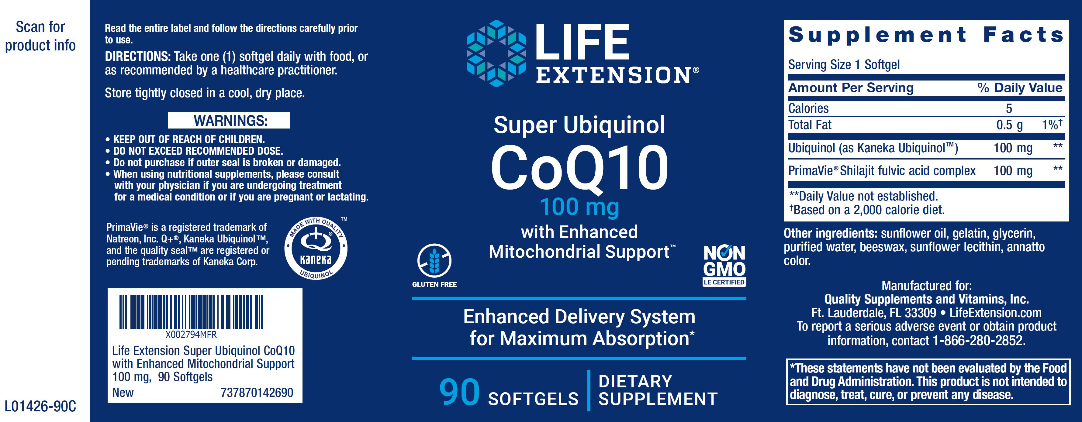 Life Extension COQ10 Super Ubiquinol 100mg with Enhanced Mitochondrial Support, 90 Softgels