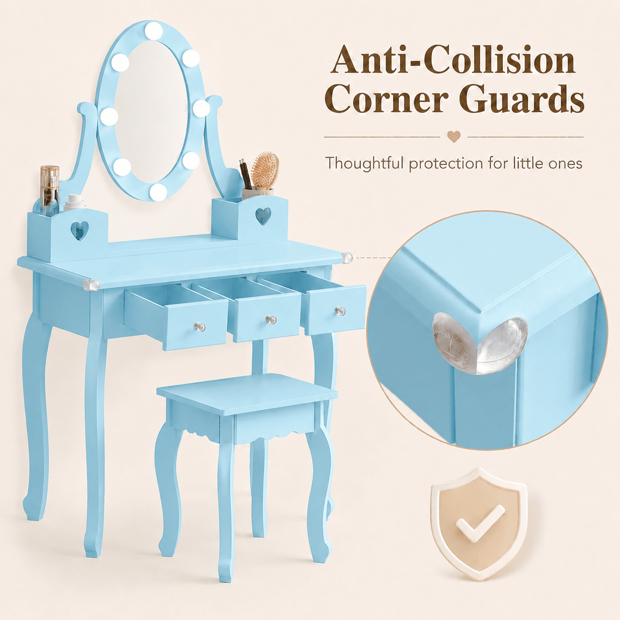 Ktaxon Kids Play Makeup Vanity Set with 3-Color Light, Girls Vanity Dresser Desk with Matching Stool, Light Blue