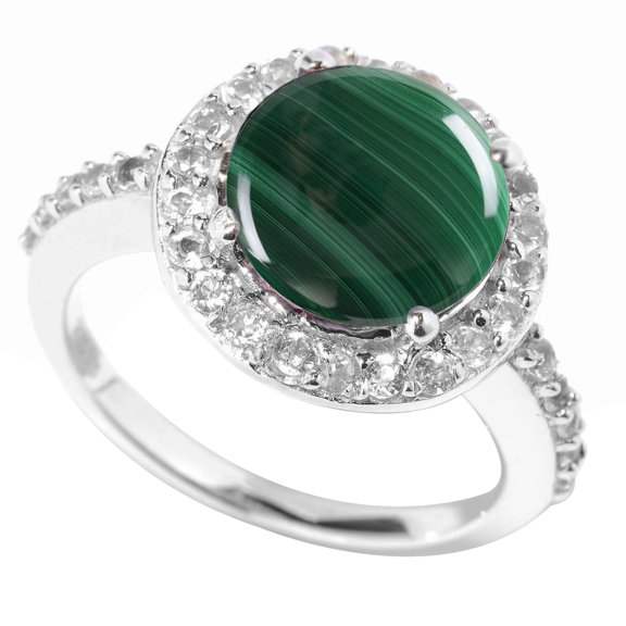 Sterling Silver with Natural Malachite and White Topaz Halo Ring