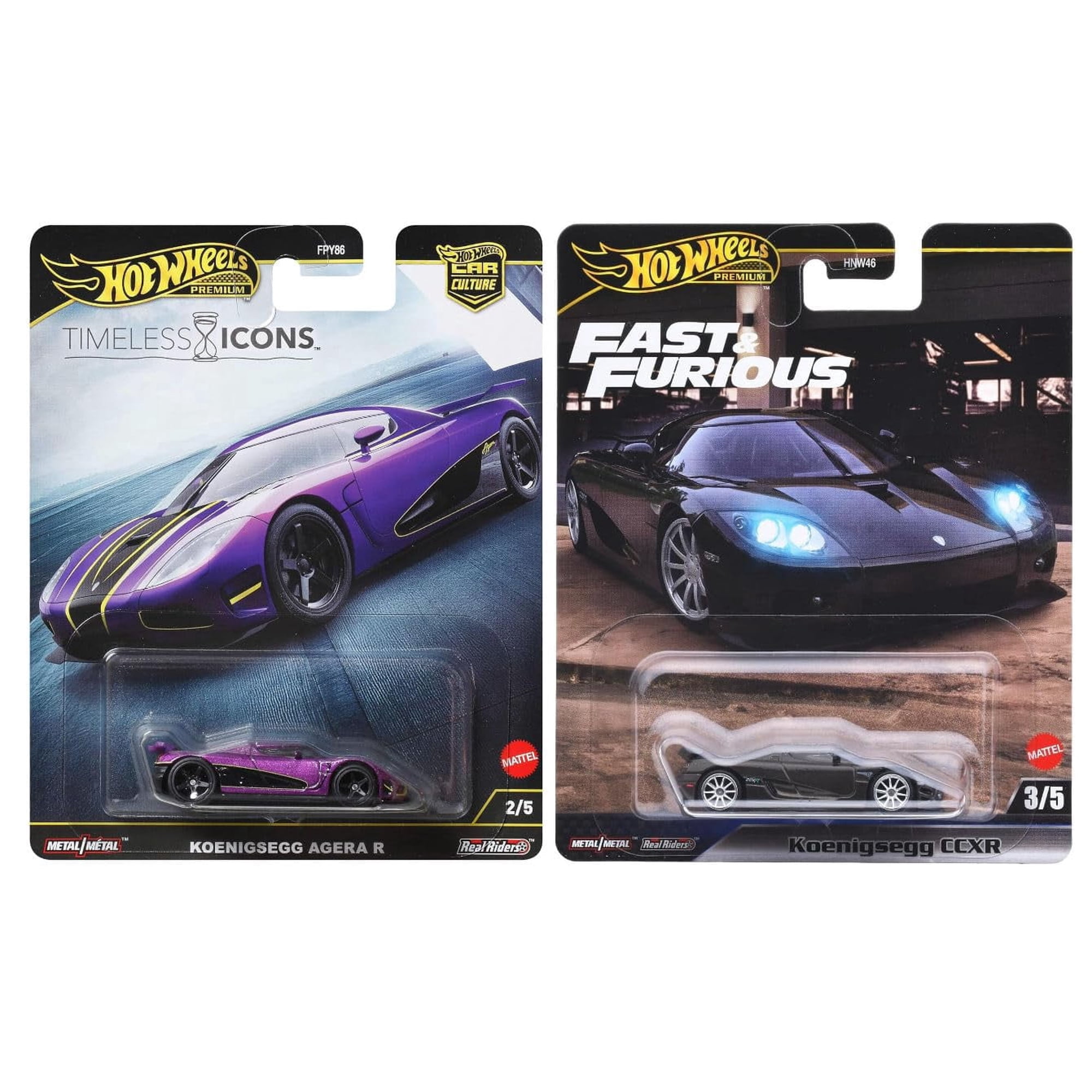 Hot Wheels Fast & Furious Timeless Icons Premium Diecast Cars, Koenigsegg CCXR and Agera R, Purple and Black, Metal, 2-Pack Collection