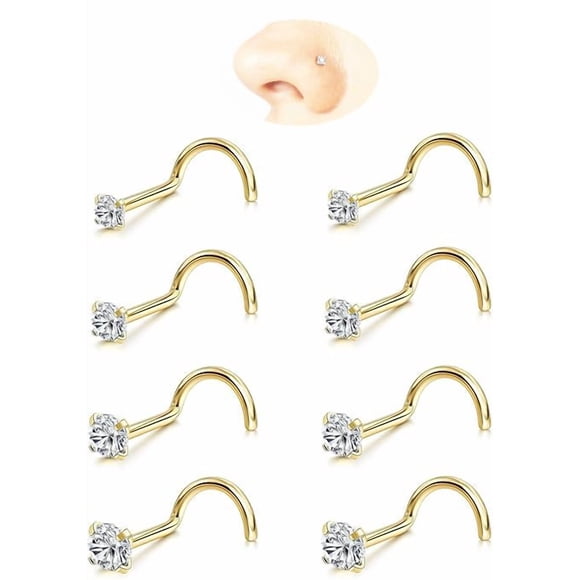 8Pcs 20G Nose Rings Studs - Gold/Silver 316L Surgical Stainless Steel, Hypoallergenic Nose Piercing Jewelry for Women Men with 1.5mm/2mm/2.5mm/3mm Clear Cubic Zirconia