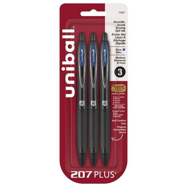 uniball™ 207 Plus+ Retractable Gel Pens, Medium Point (0.7mm), Blue, 3 Pack
