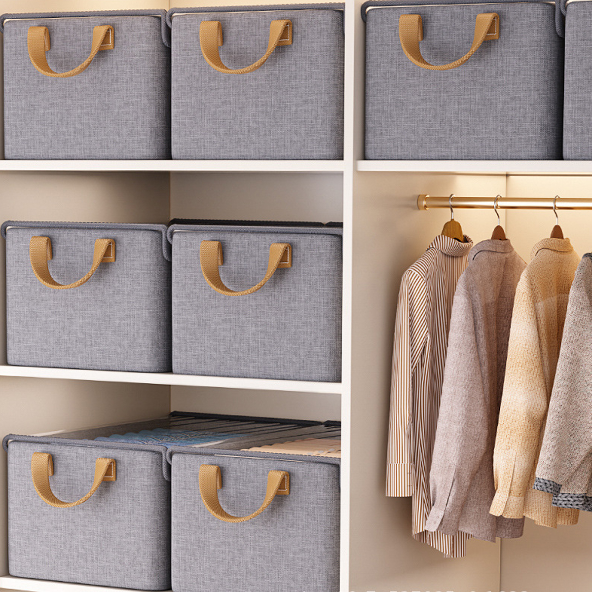 4PCS Foldable Storage Box with Lid - Extra Large Fabric Closet Organizer for Clothes, 18.5x11x7.9 Inch Canvas Bin, Collapsible Design for Bedroom, Shelf, Closet, Underbed (Gray)