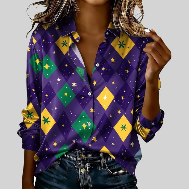 TaTaai Womens Carnival Print Long Sleeve Shirt Round Neck Casual Polyester Blouse Lightweight Festival Holiday Top Runs Small Gift