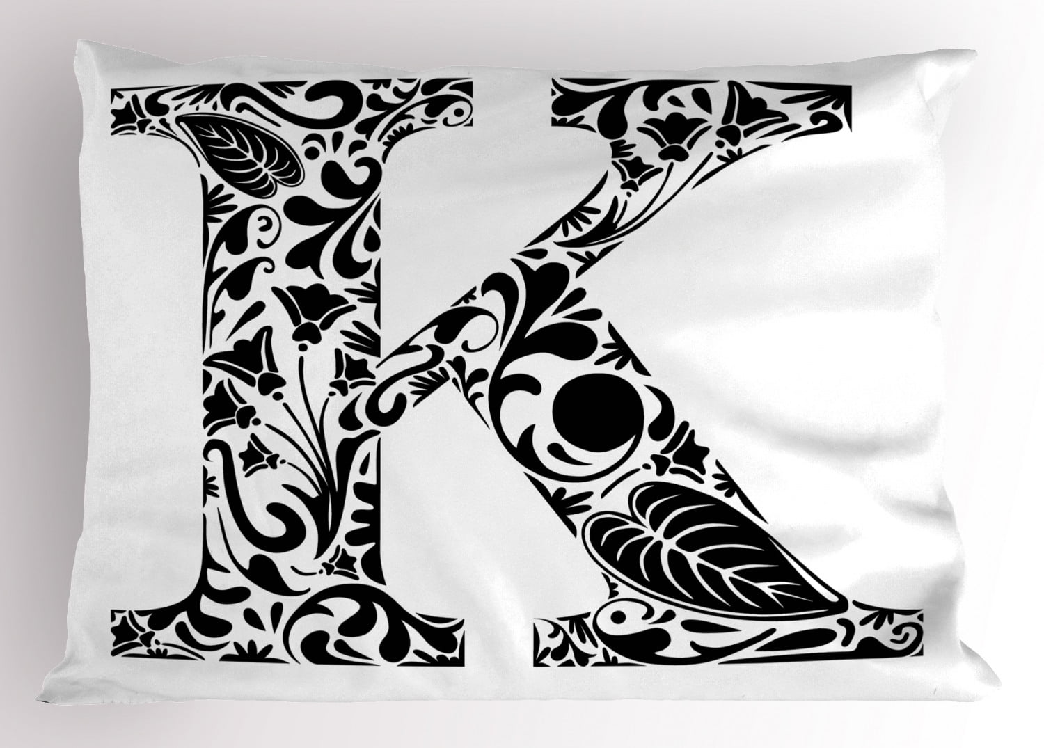 Letter K Pillow Sham Nature Inspired Figures Black Silhouettes Swirls