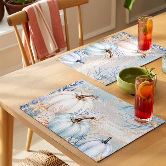 Coastal Pumpkins Fall Placemats Set of 1 Thanksgiving Botanical Vintage Place Mats Indoor Wipeable Table Mats Washable Cloth Dining Table Placemats for Kitchen Holiday Party Home Decor 13x19 Inch
