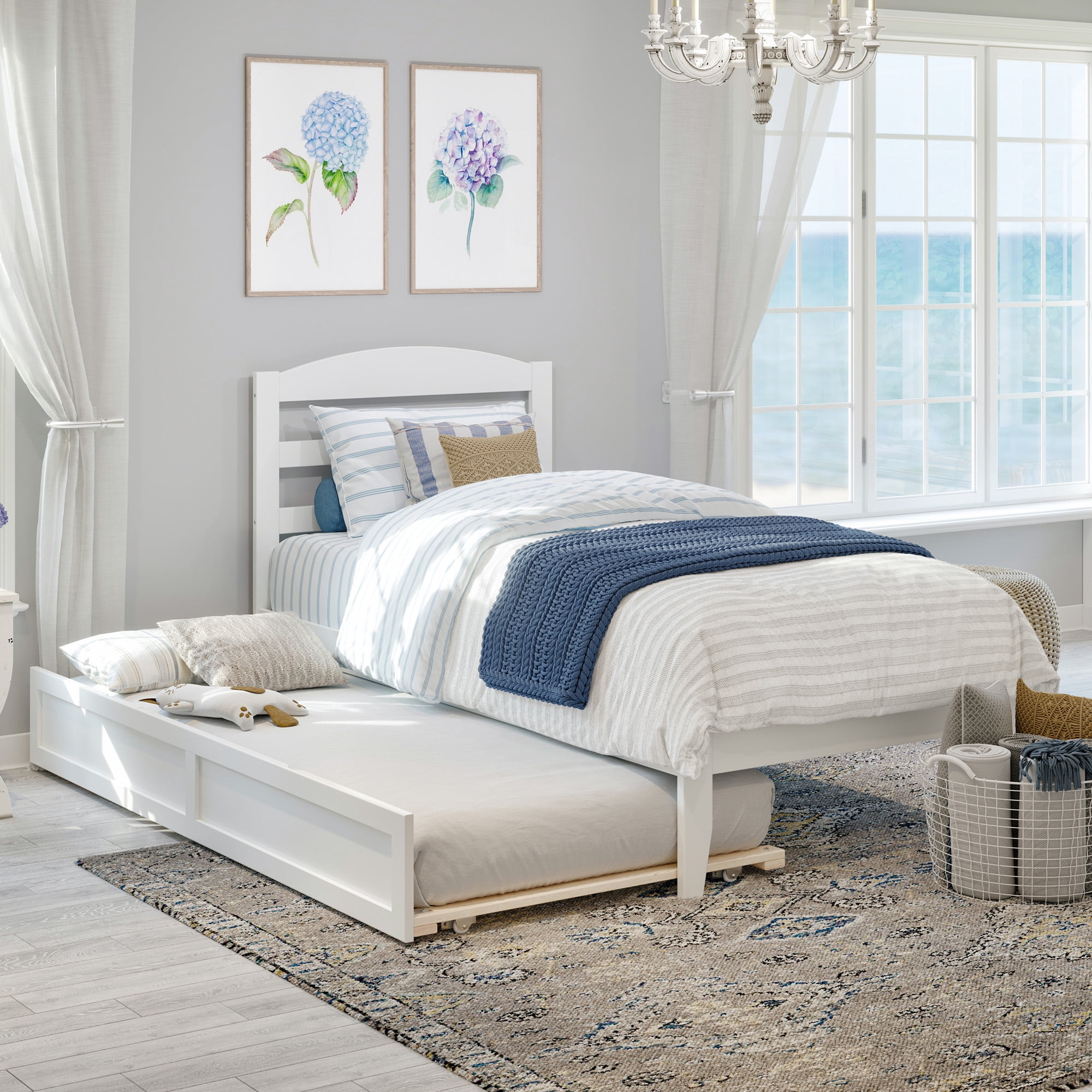 AFI Warren 14" Twin XL Wood Platform Bed Frame with Twin XL Trundle, White