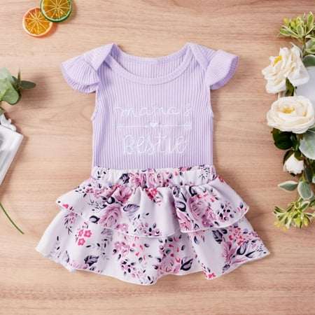 

Promotion Clearance Infant Baby Girl Short Sleeve Letter Printed Tops Romper+ Floral Tutu Short Skirt Outfit Sunsuit Summer Casual Babe Girl Clothes