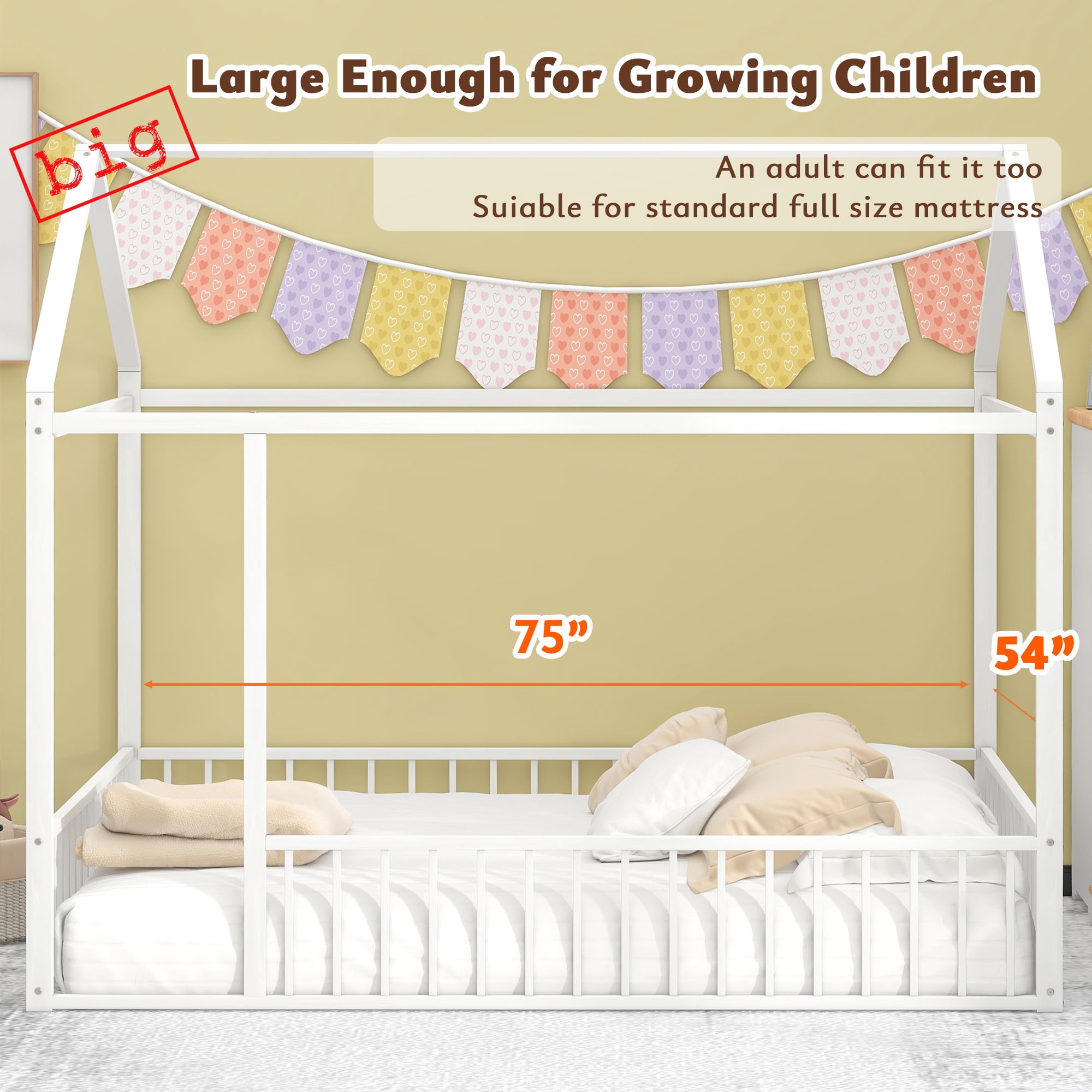 Full Size Metal House Bed Frame with Rails, Montessori Floor Bed without Slats (White)